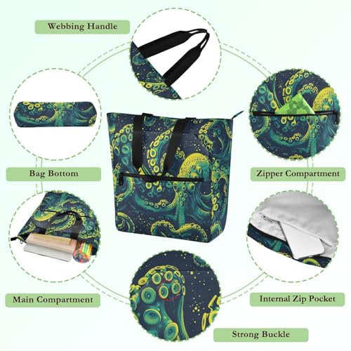 Book Tote Bag for Boys Girls Adults, Texture animal sea Neon Green Water-resistant Handbags Grocery Beach Bag with Zipper Pockets for School Shopping Travel3