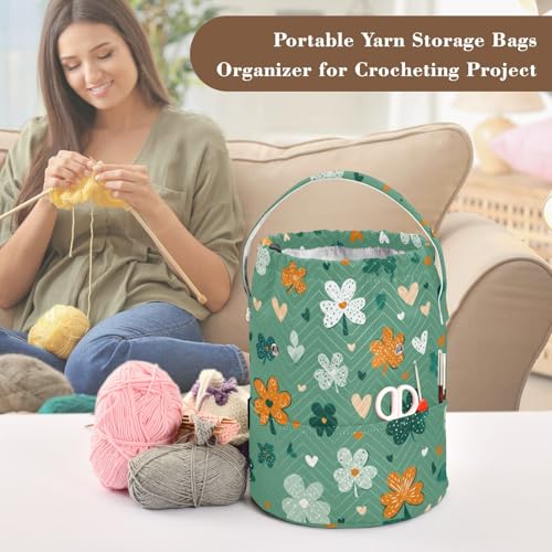 Image of ElliTarr Crochet Bag Yarn Bag with Handle Portable Knitting Project Bag Travel Yarn Storage Organizer Holder Case Green Shamrocks Hearts