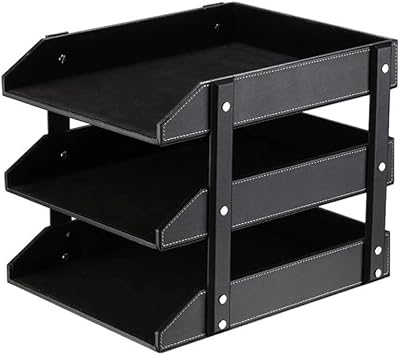 Leather Desk Organizer, NIFIVE Stackable Document Tray, Perfect Desktop Organization Holder for Files, Folder, Stationery, Magazine, Newspaper, Mail, Office Supplies (Black 3-Tiers)