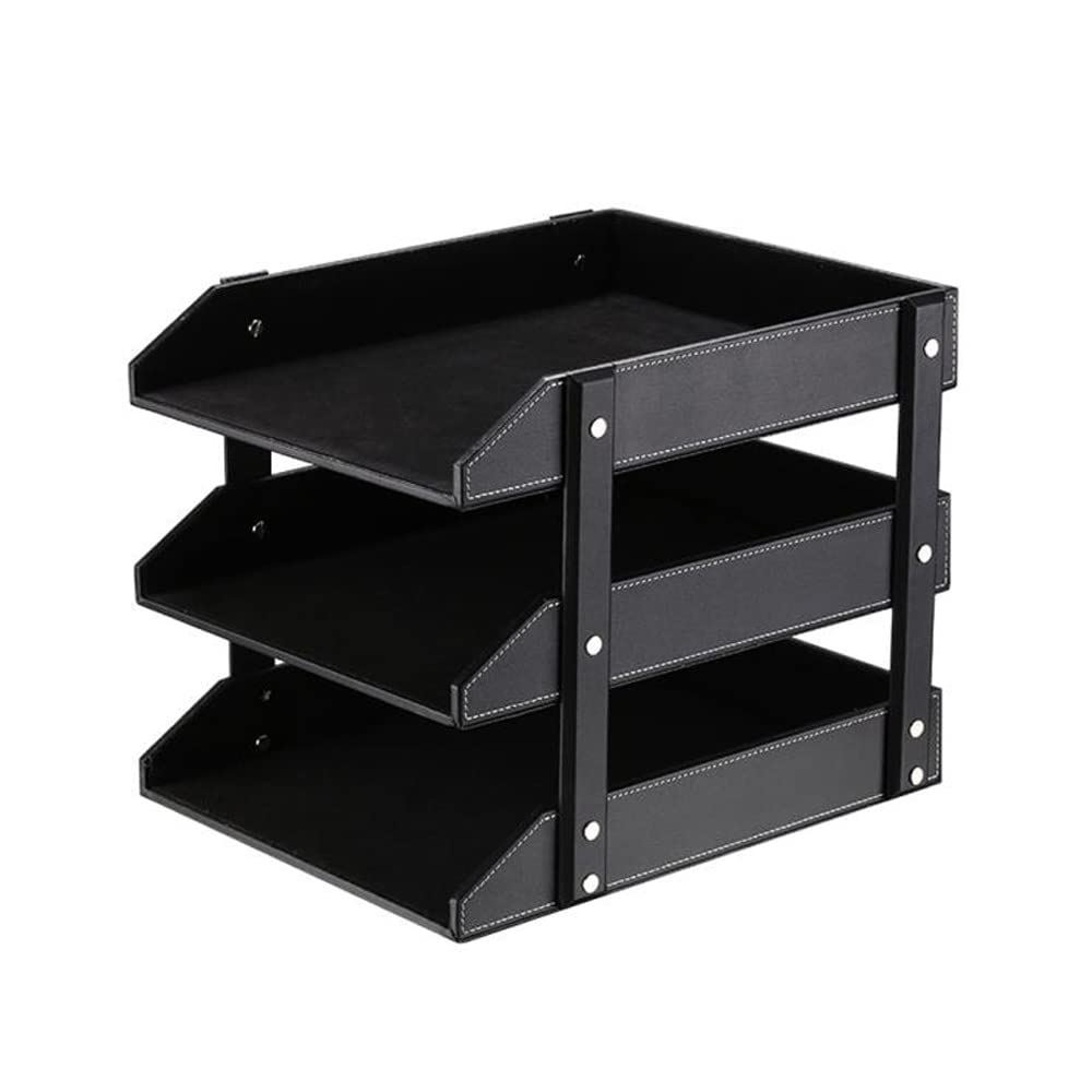 Organizer da scrivania in pelle, impilabile, ideale per riporre documenti, cartelle, cancelleria, riviste, giornali, posta, forniture per ufficio (nero a 3 livelli)