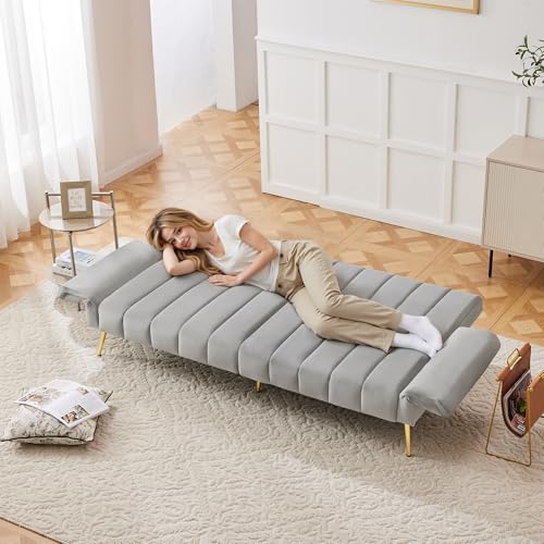 Sofá Cama Plegable de Terciopelo, Salón y Dormitorio, Gris, 183x76x75 cm