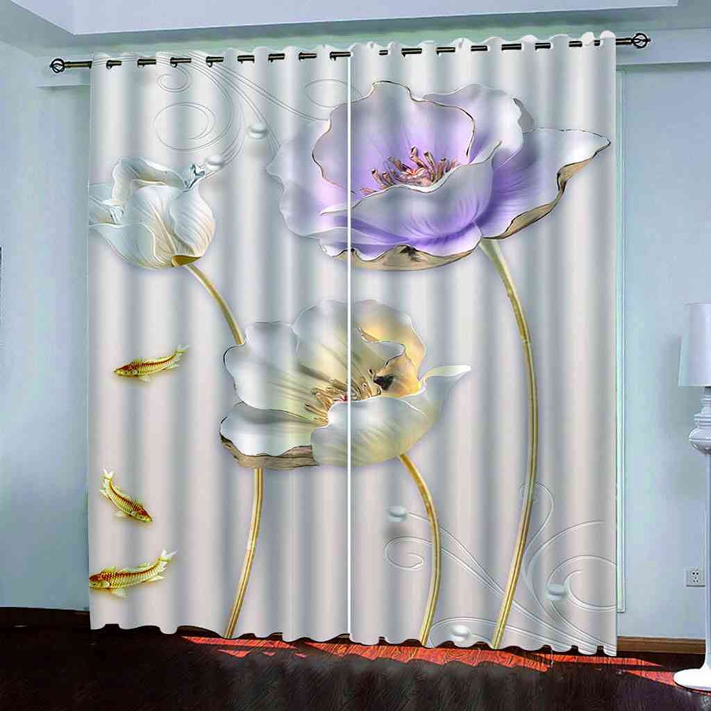 Rideau Occultant Enfant 200x160 cm motif lotus et poisson rouge pour deco chambre