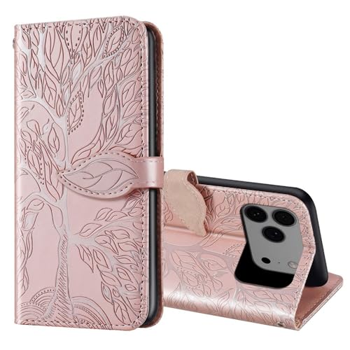 Housse antichoc iPhone 16 Pro or avec rabat portefeuille arbre