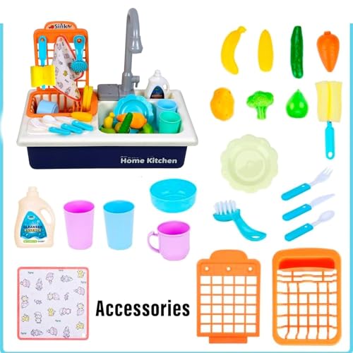 Image of PLUSPOINT Kids Play Kitchen Sink Toys Pretend Play Automatic Faucet Recycling Water Dish Rack Cooking Pot Pan Utensils Set Accessories Play Food Toddler Toy for Boys and Girls Age 3 Years+