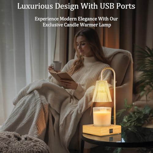 Image of Candle Warmer Lamp with 24H Timer, Dimmable, Electric Wax Warmer with 2 Bulbs, Dual Charging Port, Home Decor for Jar Candles, House Warming, Gifts, Home Decor (Vintage Glass)
