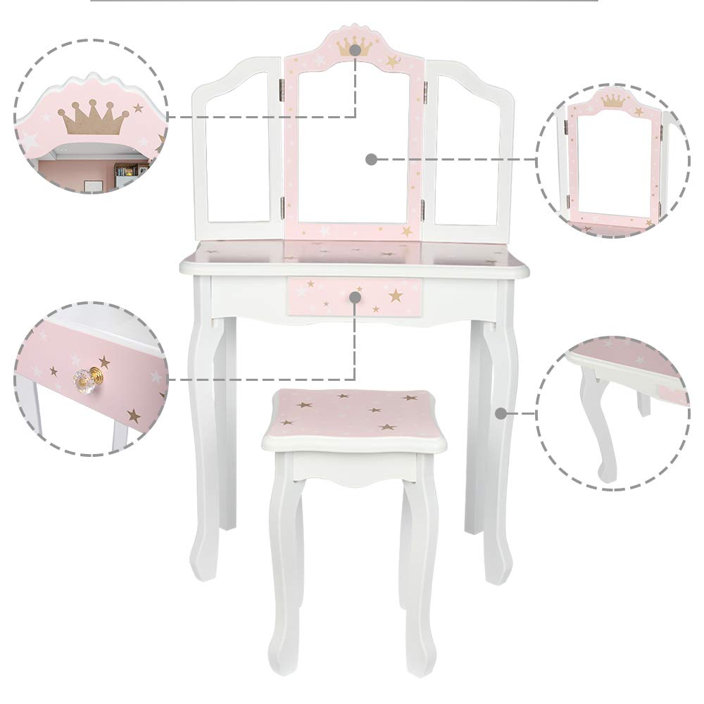 LALAHO Tocador para niños con taburete, mesa de maquillaje para niñas, tocador con cajón con dos espejos plegables de 180° para niñas de 3 a 9 años (Blanco y Rosa)
