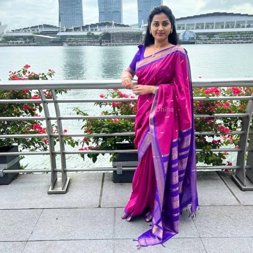 Image of DHIHA Gadwal Cotton Saree for Women | Pure Kalyani Cotton Saree with Zari Border Tassels & Blouse | Kanjivaram Linen Silk | Handloom Weave