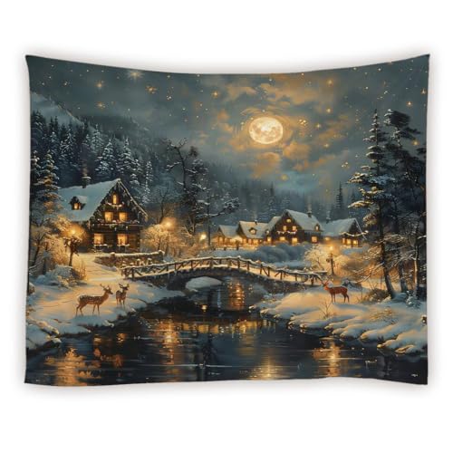 Winter Tapestry Rustic Cabin Deer Misty Snowy Forest Pine Tree Mountain Full Moon Snowflake River Merry Christmas Tapestries Wall Hanging for Bedroom Living Room Dorm Background Cloth 60Wx51LInch