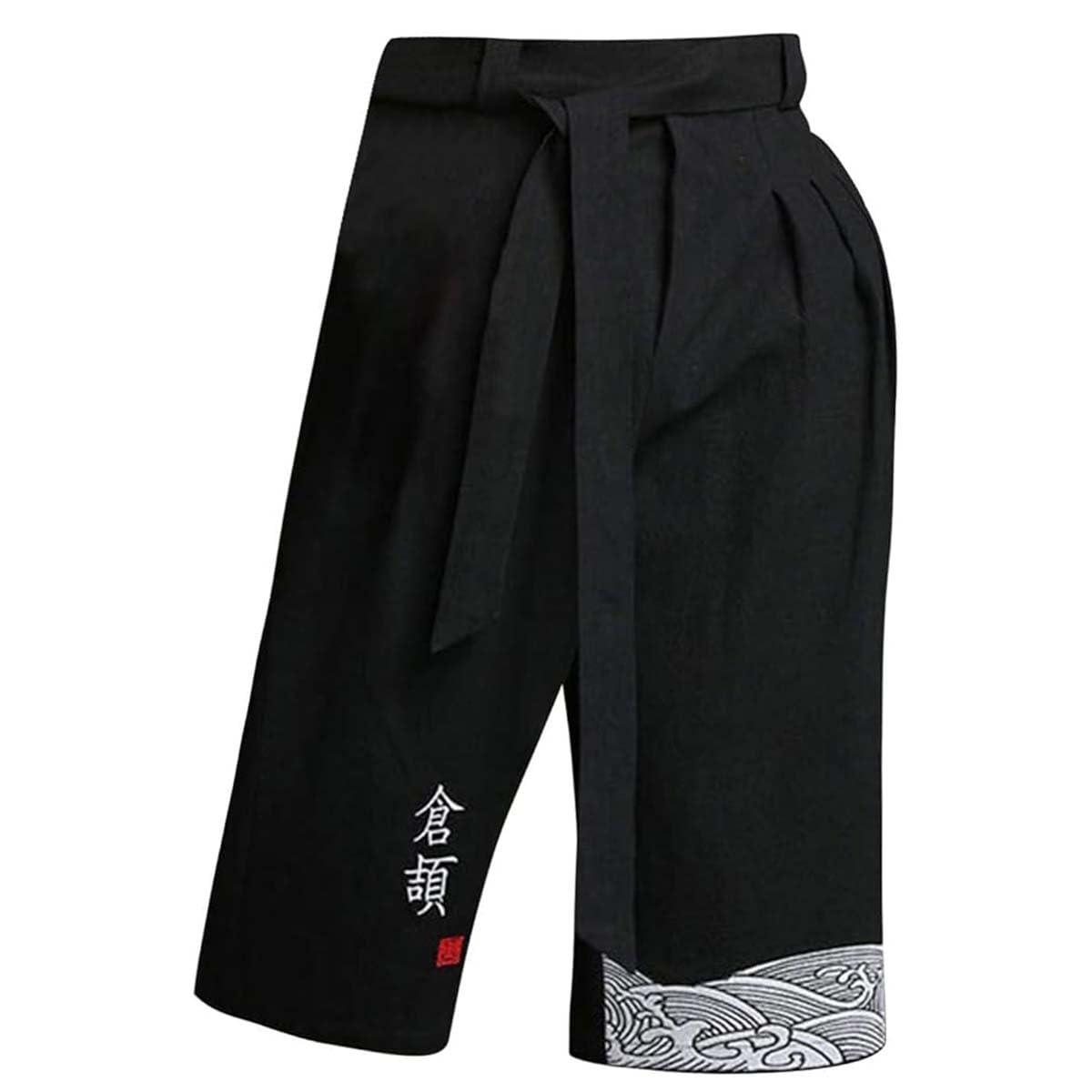 Męskie spodnie kimono 3/4, lniane szorty, lekkie letnie spodnie, odzież azjatycka, tradycyjne japońskie spodnie dresowe, styl japoński (Noir, XXL)