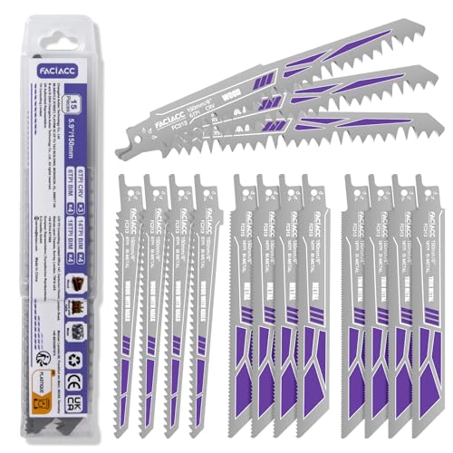FACIACC Säbelsägeblätter Set 15 Stück Sägeblatt Sägeblätter für Metall Holz Säbelsägeblatt aus CRV & BIM Ersatzsägeblatt-Set Säbelsäge Blätter für Holz mit Nägeln Kunststoff Metallrohr