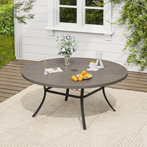 Image of VICLLAX 60 inch Round Patio Table, Outdoor Dining Table for 8-10 with Umbrella Hole for Garden Lawn Deck Backyard, Antique Grey