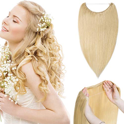 18" 65g Straight Invisible Wire No Clips No Tape Hidden headband Secret Fish Line Hair Extensions 100% Real Human Hair Adjustable Transparent Wire Hairpiece #613 Bleach Blonde