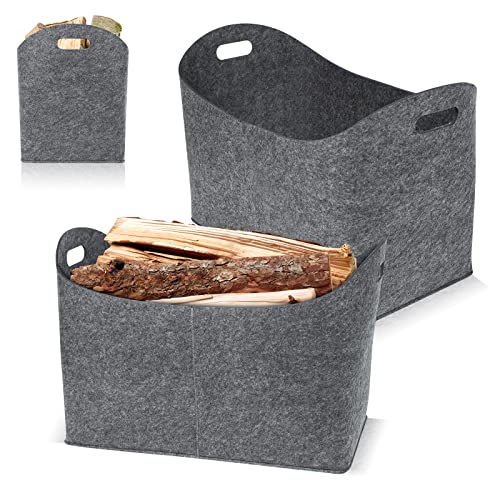 Aufun Filztaschen 2x Tasche aus Filz, Kaminholzkorb Filztasche Shopper Faltbar, Kaminholztasche, Holzkorb zur Aufbewahrung von Holz, Zeitungen, Kaminholz (55 x 30 x 40 cm, Hellgrau)
