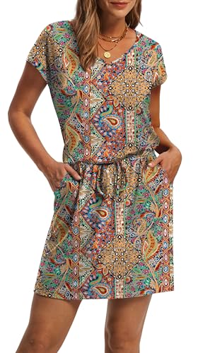 Image of OFEEFAN Summer Dresses for Women 2026 V Neck T Shirt Casual Mini Dresses Tie Waist Sundresses with Pockets
