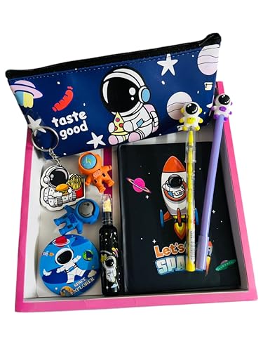 Image of Le Delite Kids Space Astronaut Planet Theme Stationery Set-7-Piece Combo with Diary,Pouch,Eraser,Pen,Pencil,Keychain & Badge for Boys & Girls,Perfect Return Gift(Dark Blue with Box Packing),100 Pages