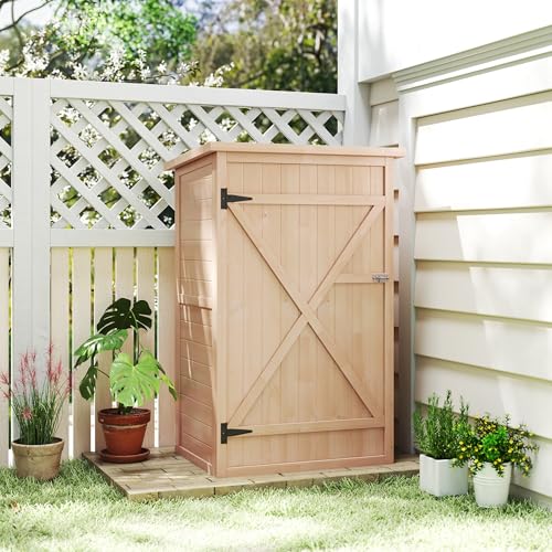 Outsunny Gartenschrank Holz, Geräteschuppen wetterfest 75x56x115cm, Gerätehaus mit Tür, Böden, Geräteschrank, Gartenhaus Werkzeugschrank Gartenschuppen für Garten, Terrasse, Hinterhof, Rasen, Natur