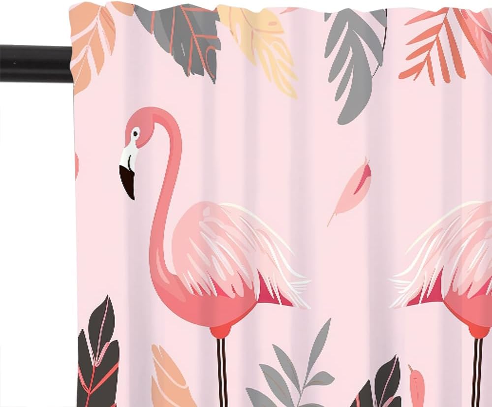 1 Panel Cartoon Cute Flamingo Curtain Valance for Windows, Tropical Palm Leaf Fantasy Rod Pocket Short Window Treatment Decor Drapes for Kitchen, Bathroom, 54" X 18"