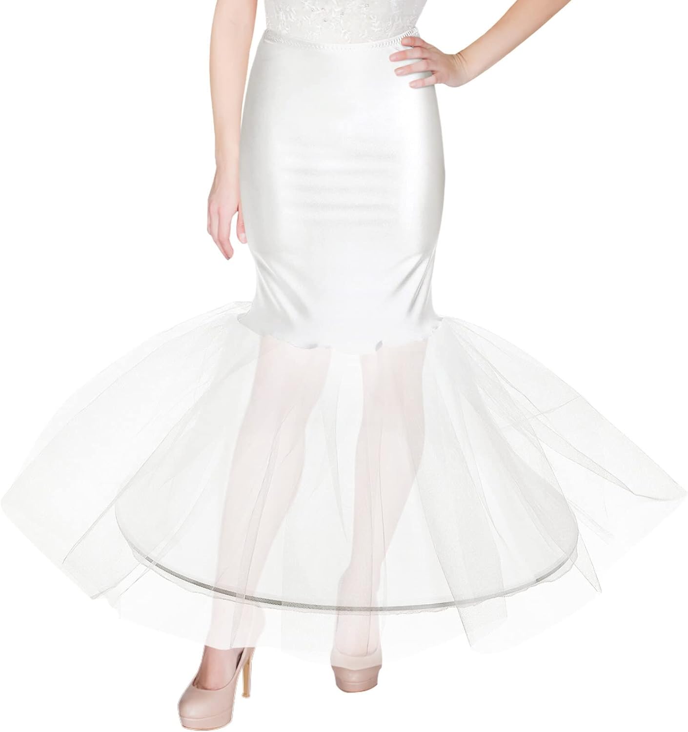 Amosfun Bridal Mermaid Fishtail Petticoat Slip Floor Length Underskirt Crinoline for Bride Women Wedding Dress White Tulle Petticoat - Image 7