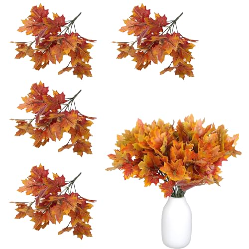 CBMZHF 4 hojas de arce artificiales, decoraciones de otoño de Acción de Gracias, rellenos de jarrón, centros de mesa, decoración de comedor para interiores y hogar (rojo/naranja)