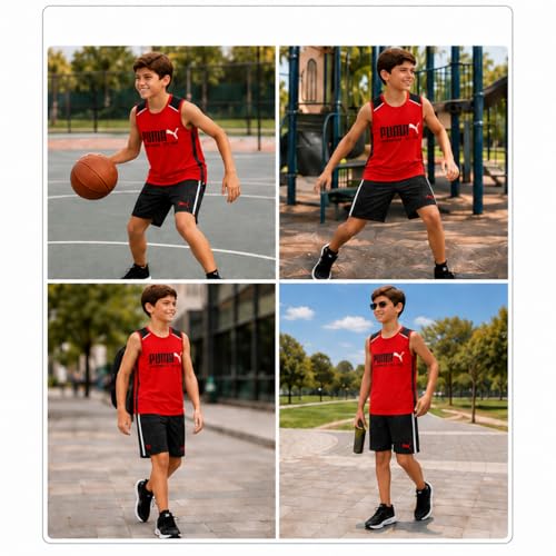 Image of PUMA Active Boys Shorts Set - 2 Piece Dry Fit Sleeveless Basketball Boys Athletic Shirts and Boy Shorts Matching Set (4-16)