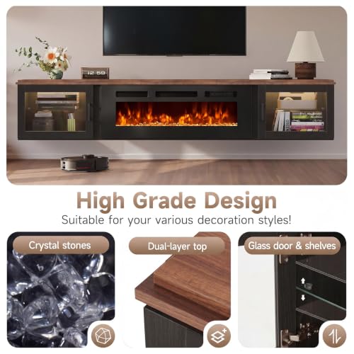 Image of 70 inch Floating TV Stand with Fireplace, High Gloss Finish Wall Mounted Fireplace Entertainment Center with Storage for TVs Up to 80 inch, Black & Brown