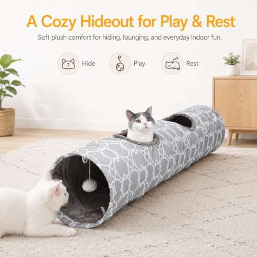 Image of Geometric Straight Cat Tunnel with Plush Inside,Cats Toys Collapsible Tunnel Tube with Balls, for Rabbits, Kittens, Ferrets,Puppy, Diameter 9.8 Inch