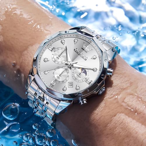 Image of OLEVS Watch for Men Luxury Gold Diamond Chronograph Business Wristwatch with Analog Quartz, Date Calendar, Stainless Steel Band, Luminous Hands, Waterproof