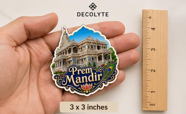 Image of Prem Mandir Theme Wooden Fridge Magnet Souvenir | 3x3 in Kitchen Home Decor Gift