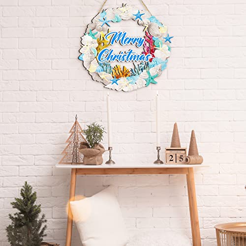 Merry Christmas Wooden Starfish Seashell Wreath Nautical Beach Wreath Coastal Wreath Beachy Christmas Wreath Seaside Style Home Decor For Front Door Bathroom Wall Home Tree, 11.8 Inches #TOP3