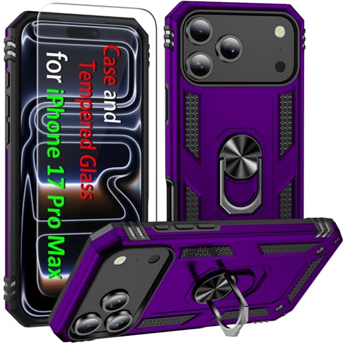 Protège-écran verre trempé iPhone 17 Pro Max et coque antichoc violette