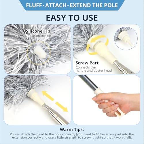 Image of ZZ LAZYCOTTAGE Duster with Extension Pole & Flexible Head, Gray Feather Duster, Long Ddusters for Cleaning for High Ceilings, Walls, Fans, Cobweb and Furniture