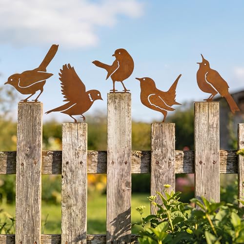 RELBRO Metal Birds Outdoor Decoration Rusty Bird Silhouettes Garden Yard Fence Art Decor 5 Pcs