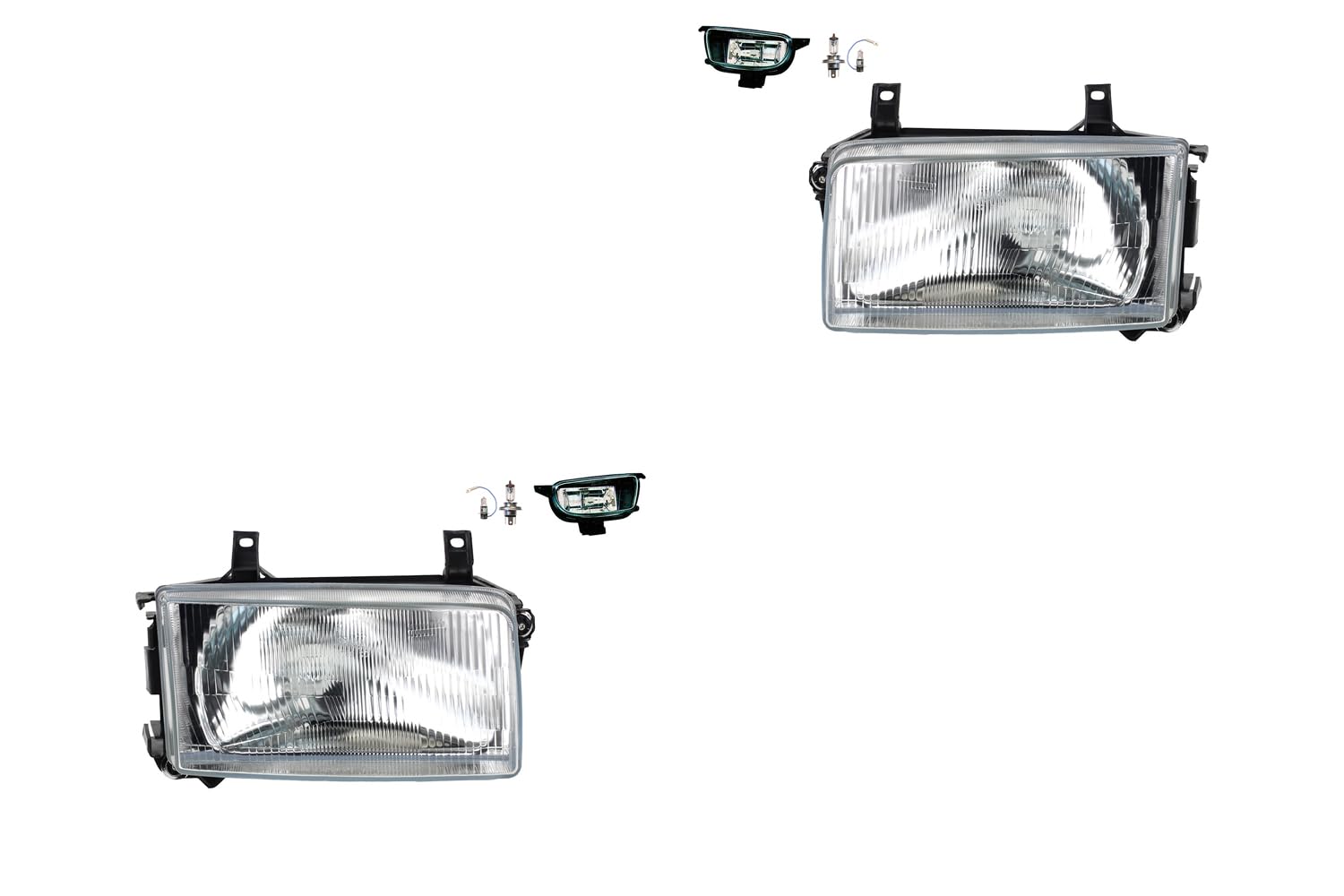 Johns, Juego de faros delanteros halógenos aptos para VW Transporter T4 09/90-04/2003 H4 izquierda y derecha + faros antiniebla + bombilla