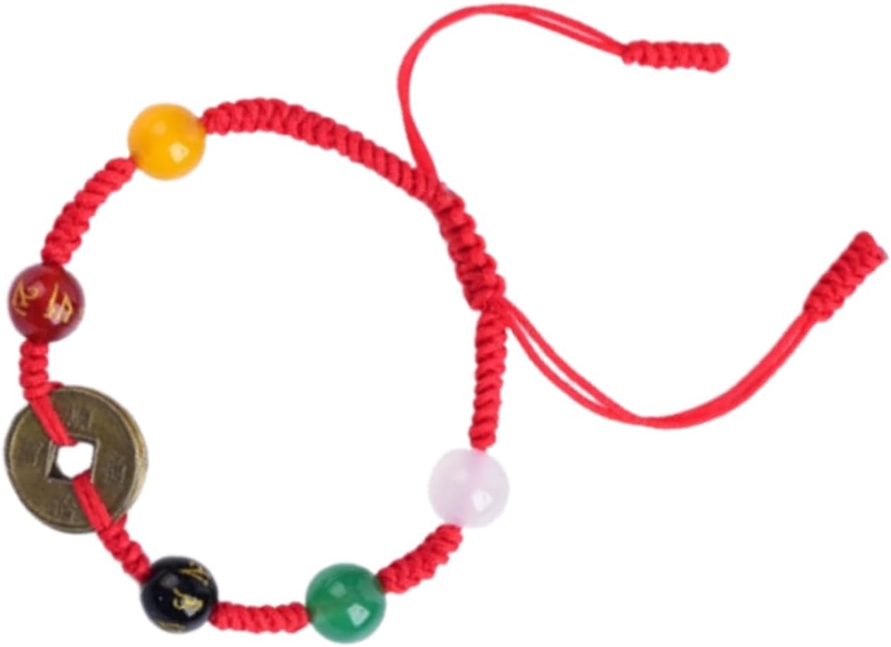 Red String Feng Shui Amulet Five Ancient Coins God of Wealth Crystal Red Lucky Handmade Buddhist Talisman for Fortune