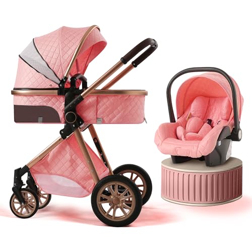 Image of 3 in 1 Baby Travel System Infant Baby Stroller Pushchair High Landscape Reversible Foldable Portable Stroller Newborn Pram Reclining Baby Carriage (Pink)