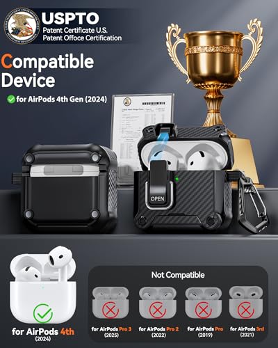 Image of Dual Safety Lock for AirPods 4 Case 2024, Compatible with MagSafe - Designed with Automatic Switch and Phone Stand, Includes a Cleaner & Keychain - Rugged Tough Hard Shell for Apple AirPods 4