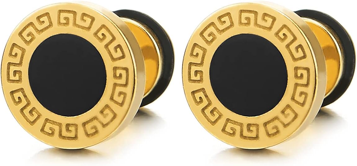 Orecchini Uomo Cerchio Con Motivo Chiave Greca - Acciaio Inox E Smalto Nero, 10mm - Foto 8