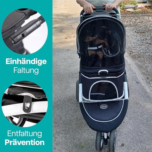 Katzenbuggy, Hundewagen mit Regenschutz, einhändig klappbar – Innopet Hundebuggy Monaco schwarz mit Klickverschluss – herausnehmbarer Korb unten – 360° schwenkbares Vorderrad - Hundewagen