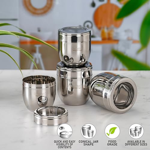 Image of Sumeet Stainless Steel Conical Shape Canisters /Dabba /Storage Containers for Kitchen with See Through Lid, Set of 4 Pcs, (400ml-8.5cm Dia-2Pc & 500ml-9cm Dia-2Pc), Silver