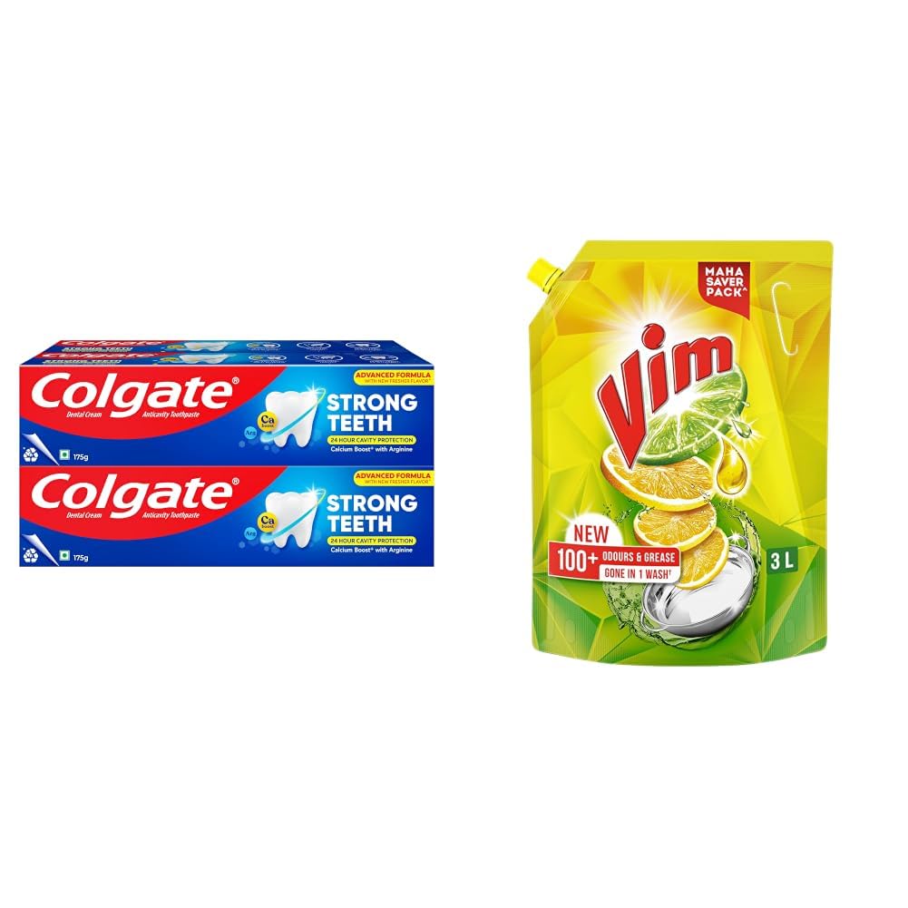 Colgate Strong Teeth Calcium-Boost Toothpaste, 700g (175g X 4) & Vim Dishwash Liquid 3 L pouch | Removes 100+ Odours & Grease in 1 wash | With the power of 100 Lemons-image-43