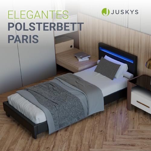 Juskys Polsterbett Paris 90x200 cm mit LED-Beleuchtung, Lattenrost & Kopfteil, Bett mit Gestell aus Holz & Kunstleder Bezug, schwarz