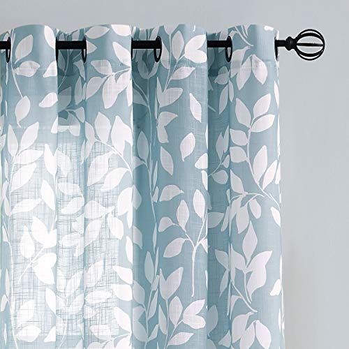 Image of Blue White Sliding Glass Door Curtain Leaf Print Semi Sheer Curtain panels 100 inch Extra Wide 84 inch Linen Textured Privacy Window Draperies for Living Room Privacy Botanical Glass Door Curtain 100 inchw 1 pc