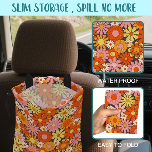 Image of Car Trash Bag Retro Abstract Groovy Flowers Hanging Drawstring Car Organizer and Storage Bag with Adjustable Buckle Canvas Garbage Bin for Back Seat or Hanging Headrest Car Decor Road Trip Essentials