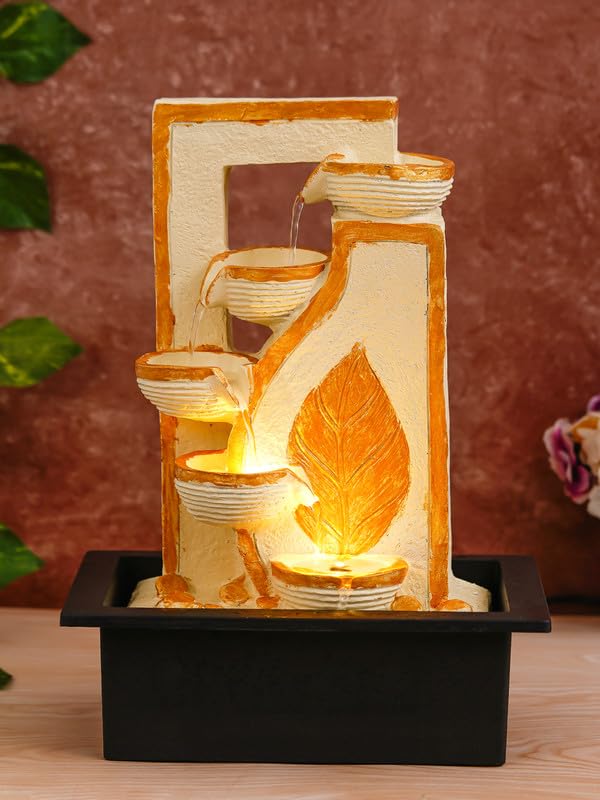 Image of Polyresin Table Top 4 Diya Steps & Golden Colour Leaf Design Indoor Waterfall Fountain for Home Decor with LED Lights & Speed Controller Pump (Size: 40 x 29.5 x 22CM | Weight: 2250grm)