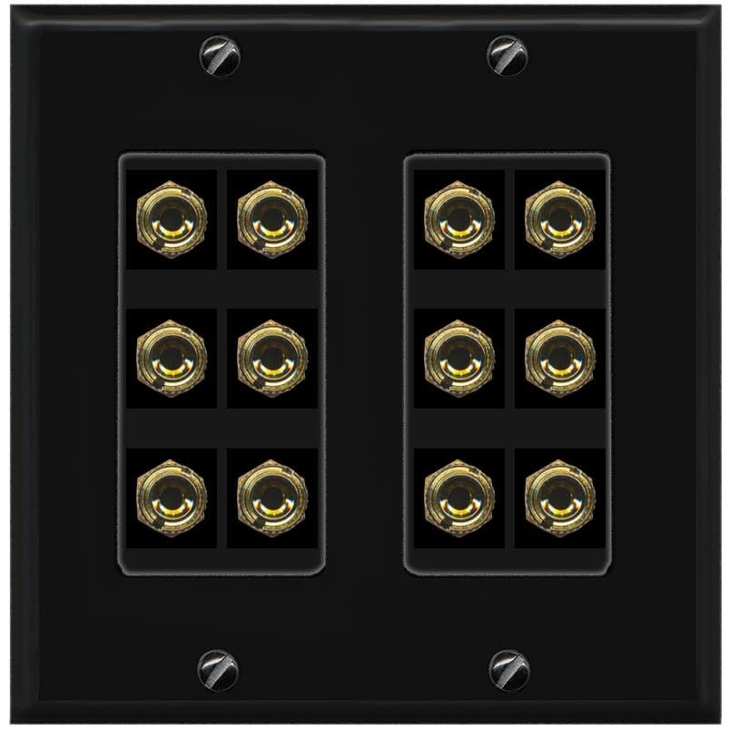RiteAV 12 Banana 6 Speaker Surround Female Coupler Decorative Wall Plate - 2 Gang [Black/Black]