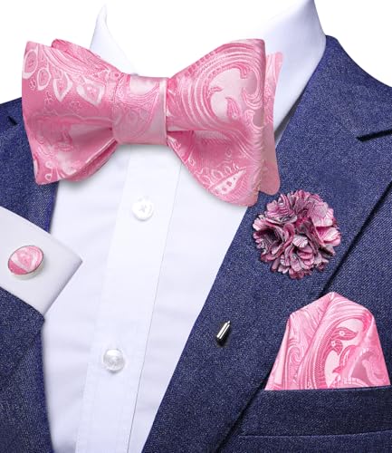 Image of Dubulle Self Tie Bow Ties for Men Mens Pink Bowtie and Lapel Pin Paisley Floral Suit Handkerchief Cufflinks Set Wedding