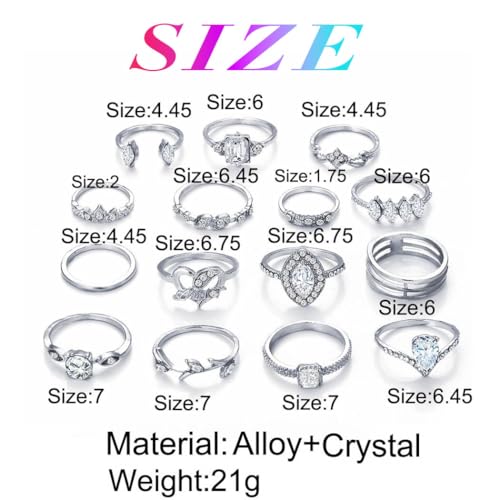 IYOU Vintage Gemstone Ring Sets Silver Crystal Knuckle Stacking Rings Boho Flower Moon Mid Rings Jewelry for Women and Girls(15pcs) - 4