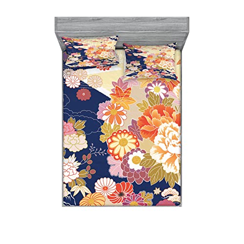 Ambesonne Japanese Fitted Sheet & Pillow Sham Set, Traditional Kimono Motifs Composition Floral Patterns Vintage Art, Decorative Printed 6 Piece Bedding Decor, Calking, Cream Indigo