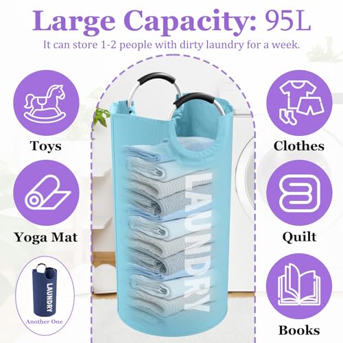 Image of 2Pcs Foldable Laundry Basket with Handles, 95L Large Clothes Hampers for Men, Tall Laundry Bin Stand Up Well, Portable Storage Basket for Family, Flat, Blue + Navy Blue