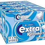 Extra Refreshers Kaugummi zuckerfrei, Peppermint Gum, 12 x 8 Dragees, Großpackung Chewing Gum, Xylitol Kaugummi ohne Zucker mit Minz Frische (96 Dragees)
